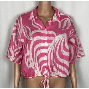 Vintage Caribelle Batik Women’s Tropical Print Button Tie Blouse St. Kitts Nevis